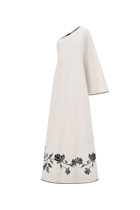 ONE-SHOULDER EMBROIDERED MAXI DRESS IN BEIGE