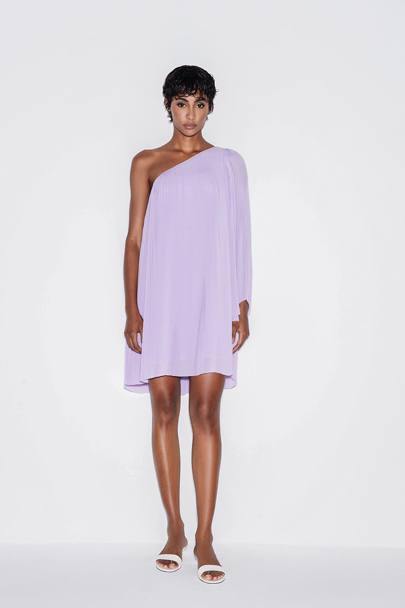 PLEATED CHIFFON MINI DRESS IN LILAC