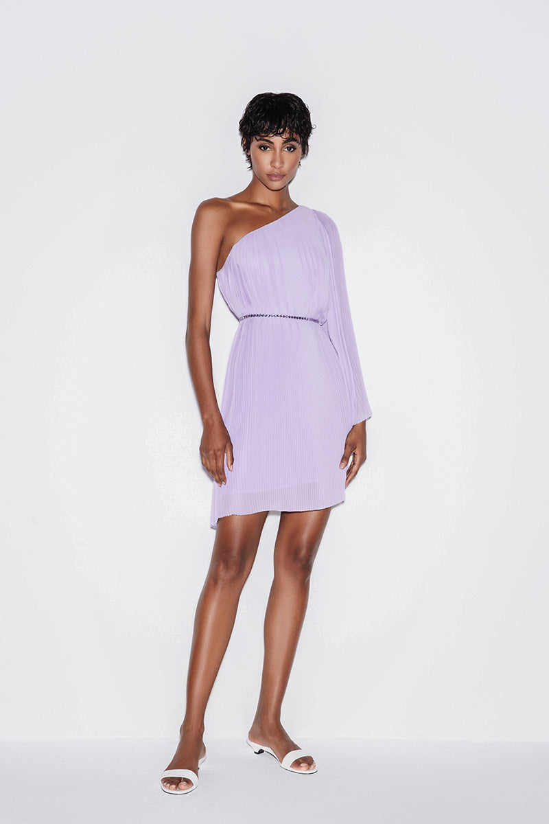 PLEATED CHIFFON MINI DRESS IN LILAC