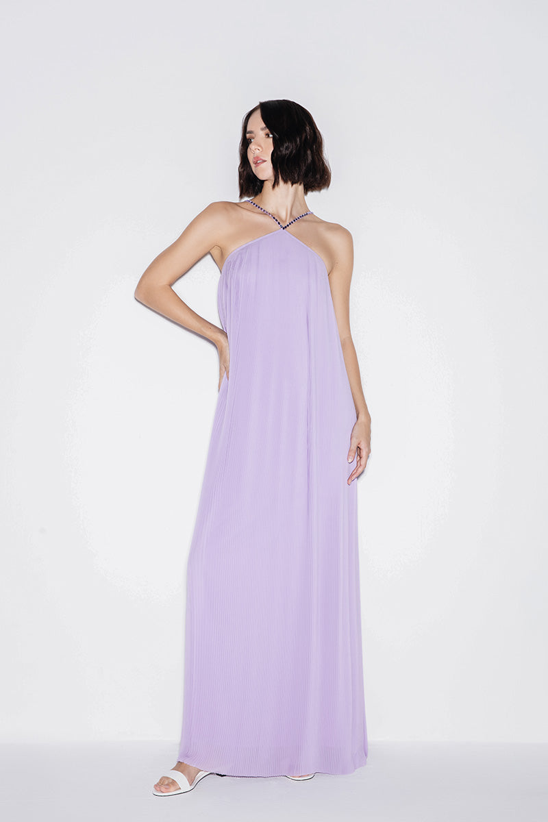 PLEATED CHIFFON MAXI DRESS IN LILAC