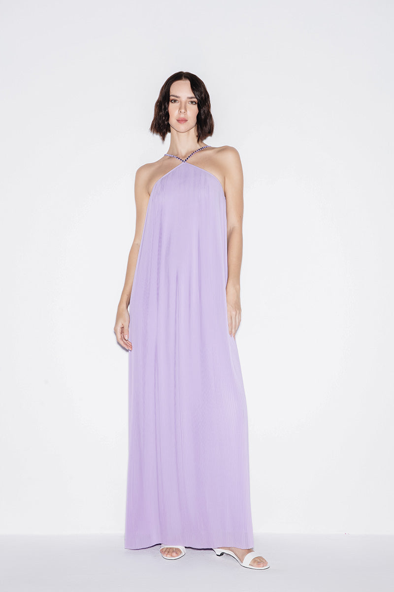 PLEATED CHIFFON MAXI DRESS IN LILAC