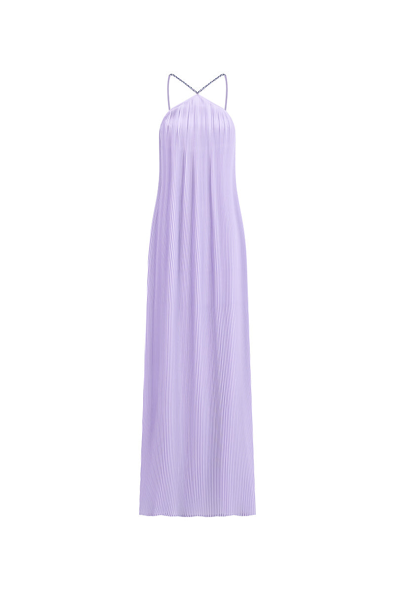 PLEATED CHIFFON MAXI DRESS IN LILAC