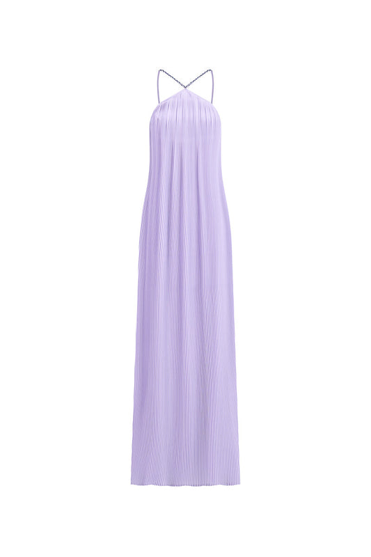 PLEATED CHIFFON MAXI DRESS IN LILAC