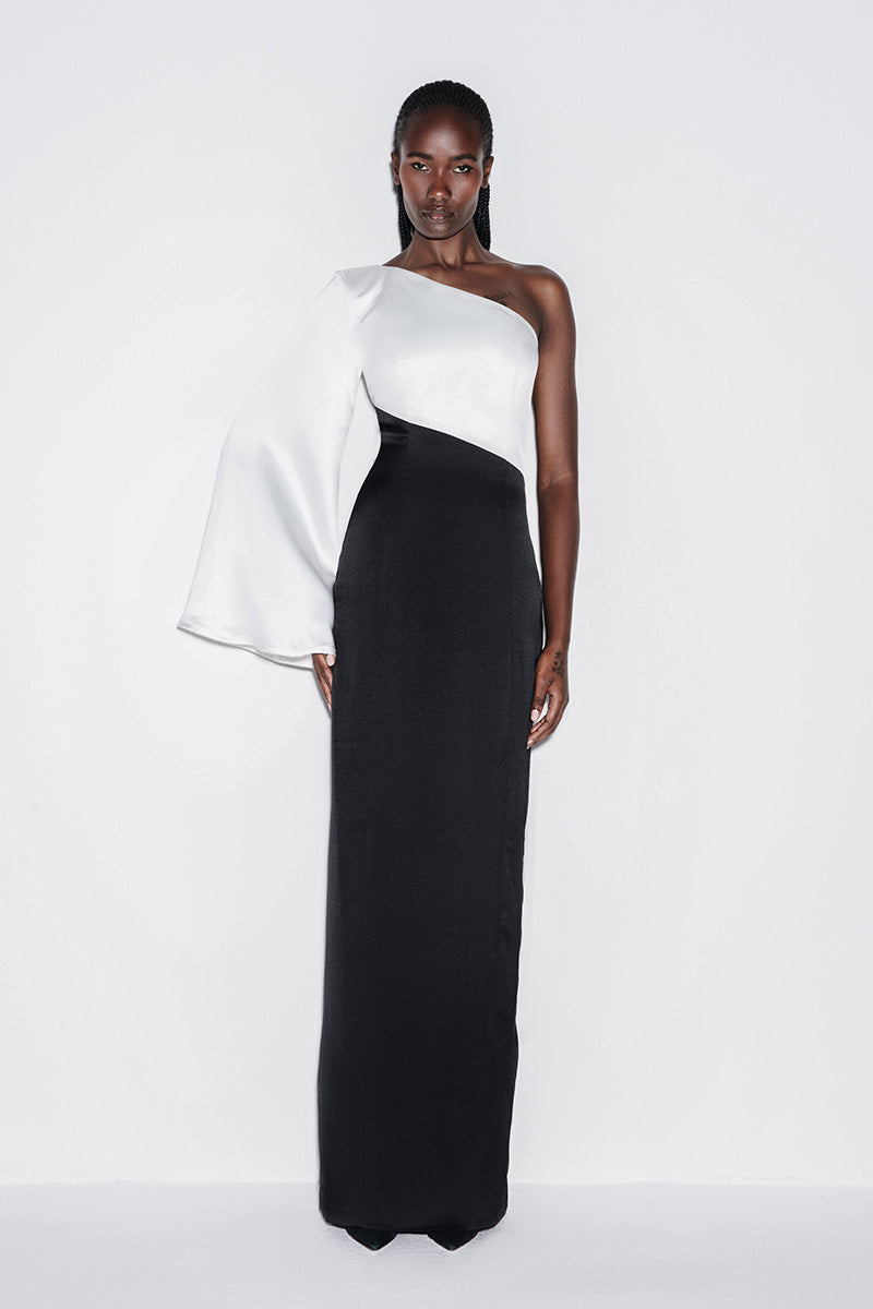 ONE-SHOULDER GOWN IN MONOCHROME
