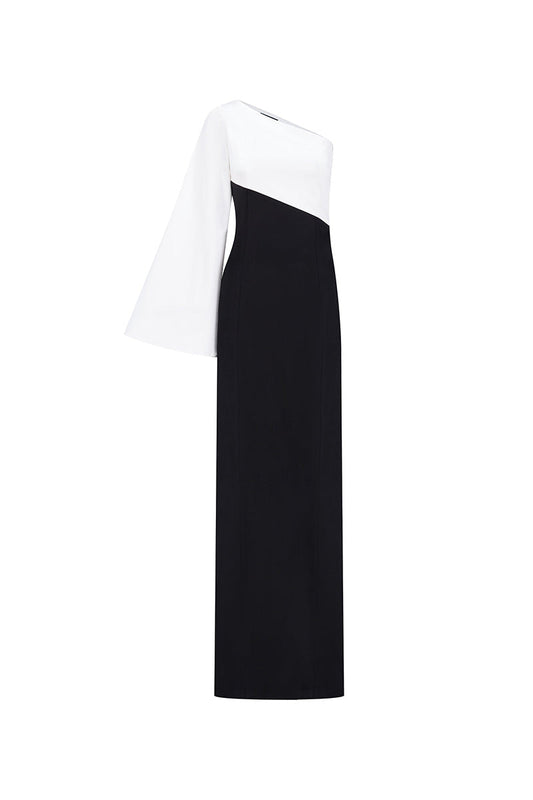 ONE-SHOULDER GOWN IN MONOCHROME