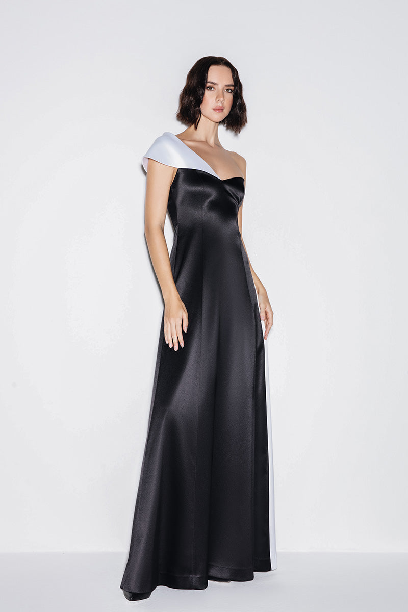 ASYMMETRIC GOWN IN MONOCHROME