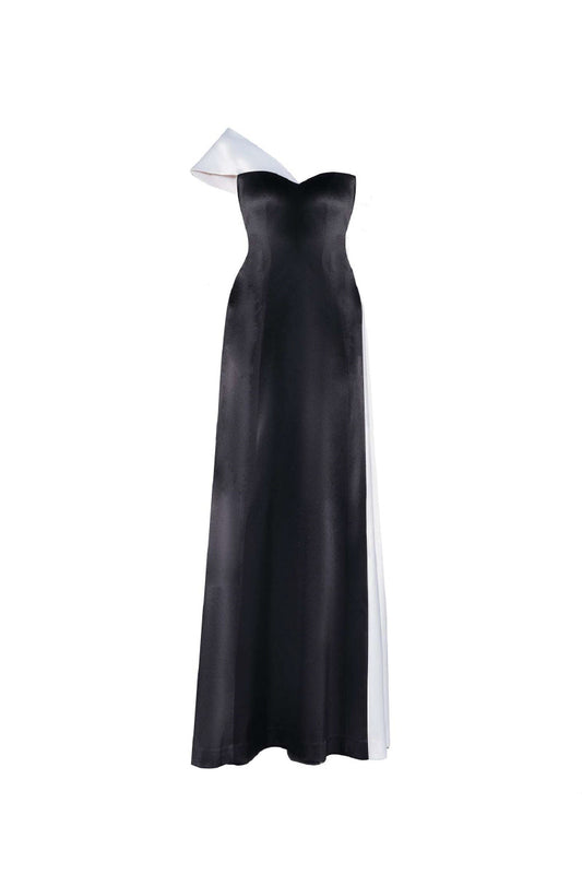 ASYMMETRIC GOWN IN MONOCHROME
