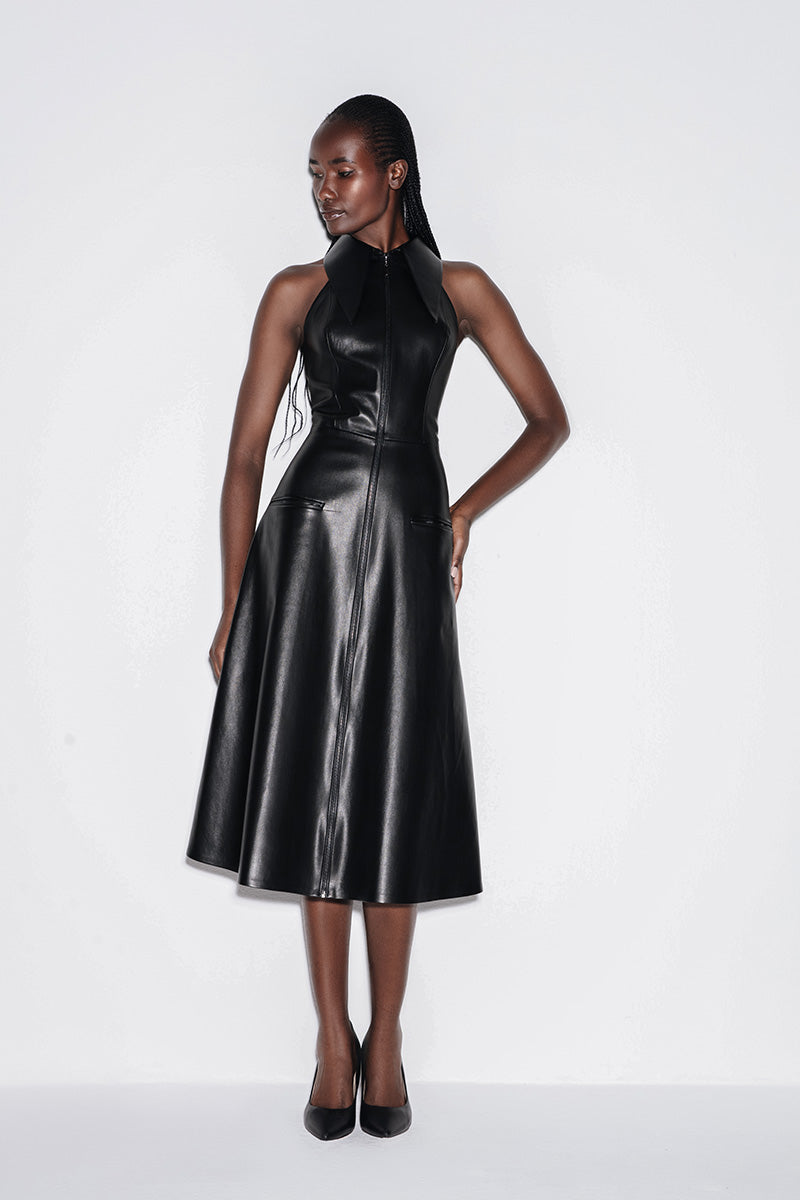 FAUX LEATHER HALTERNECK MIDI DRESS IN BLACK