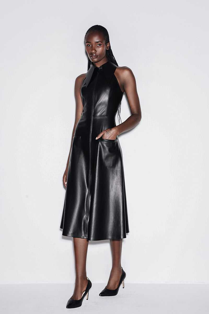 FAUX LEATHER HALTERNECK MIDI DRESS IN BLACK