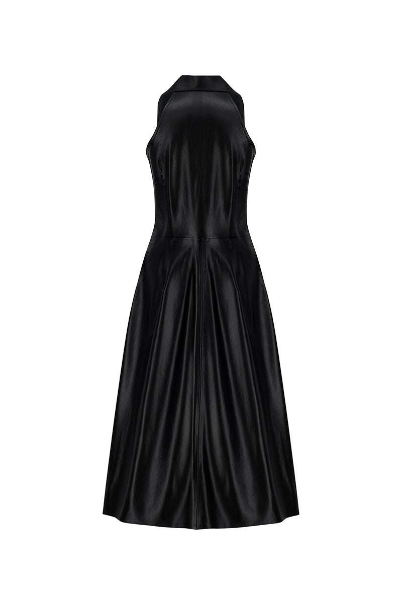 FAUX LEATHER HALTERNECK MIDI DRESS IN BLACK