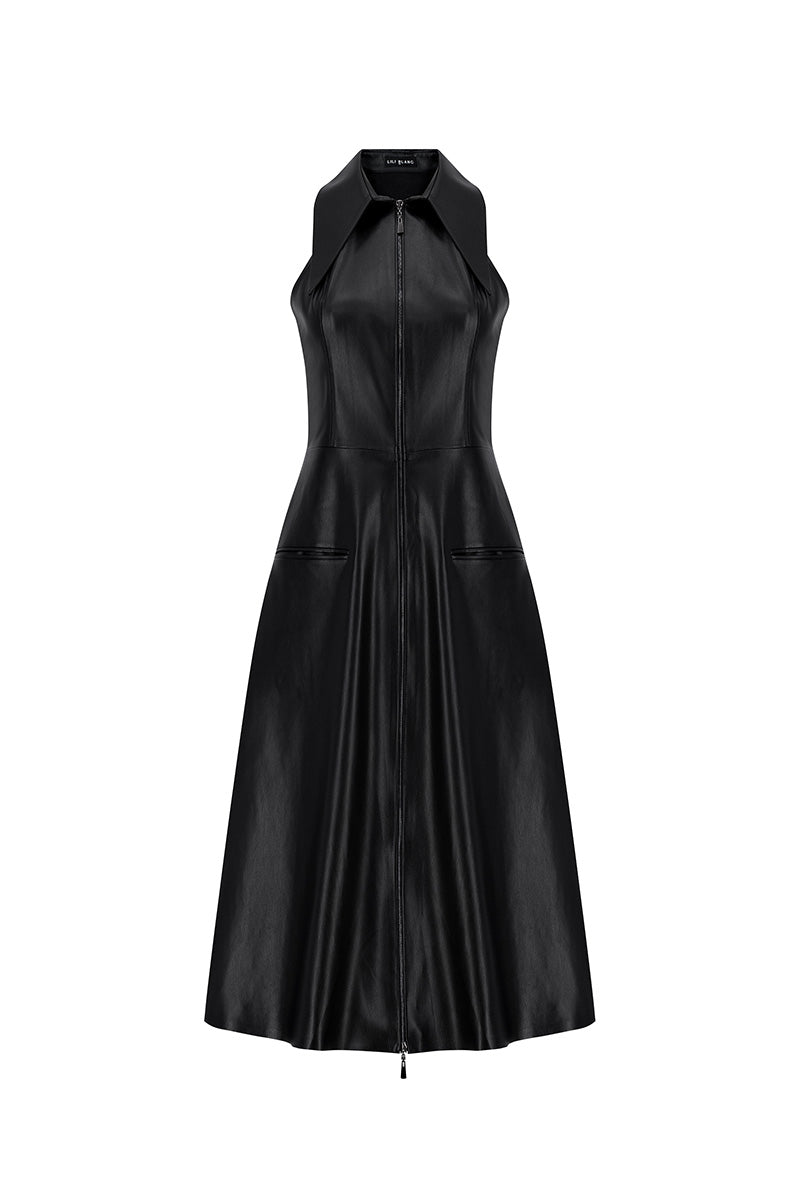 FAUX LEATHER HALTERNECK MIDI DRESS IN BLACK