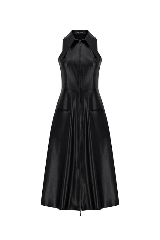 FAUX LEATHER HALTERNECK MIDI DRESS IN BLACK