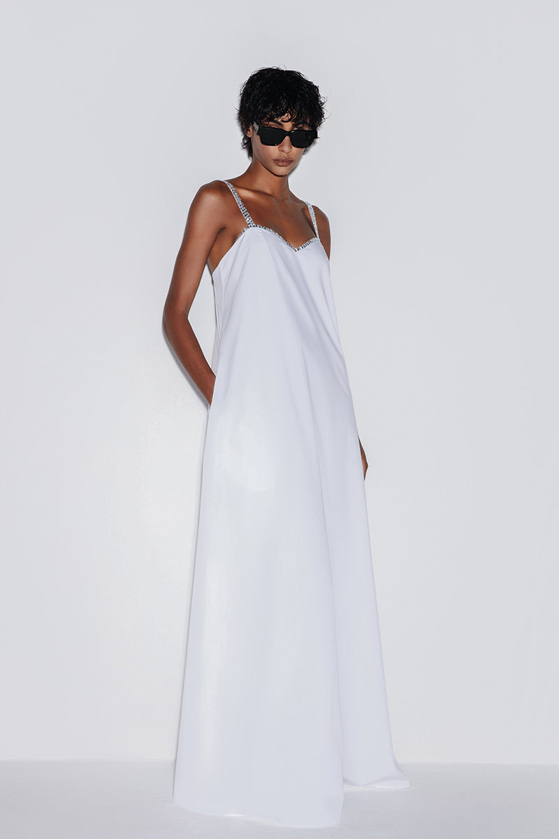 SWEETHEART MAXI DRESS WITH CRYSTAL STRAPS IN WHITE