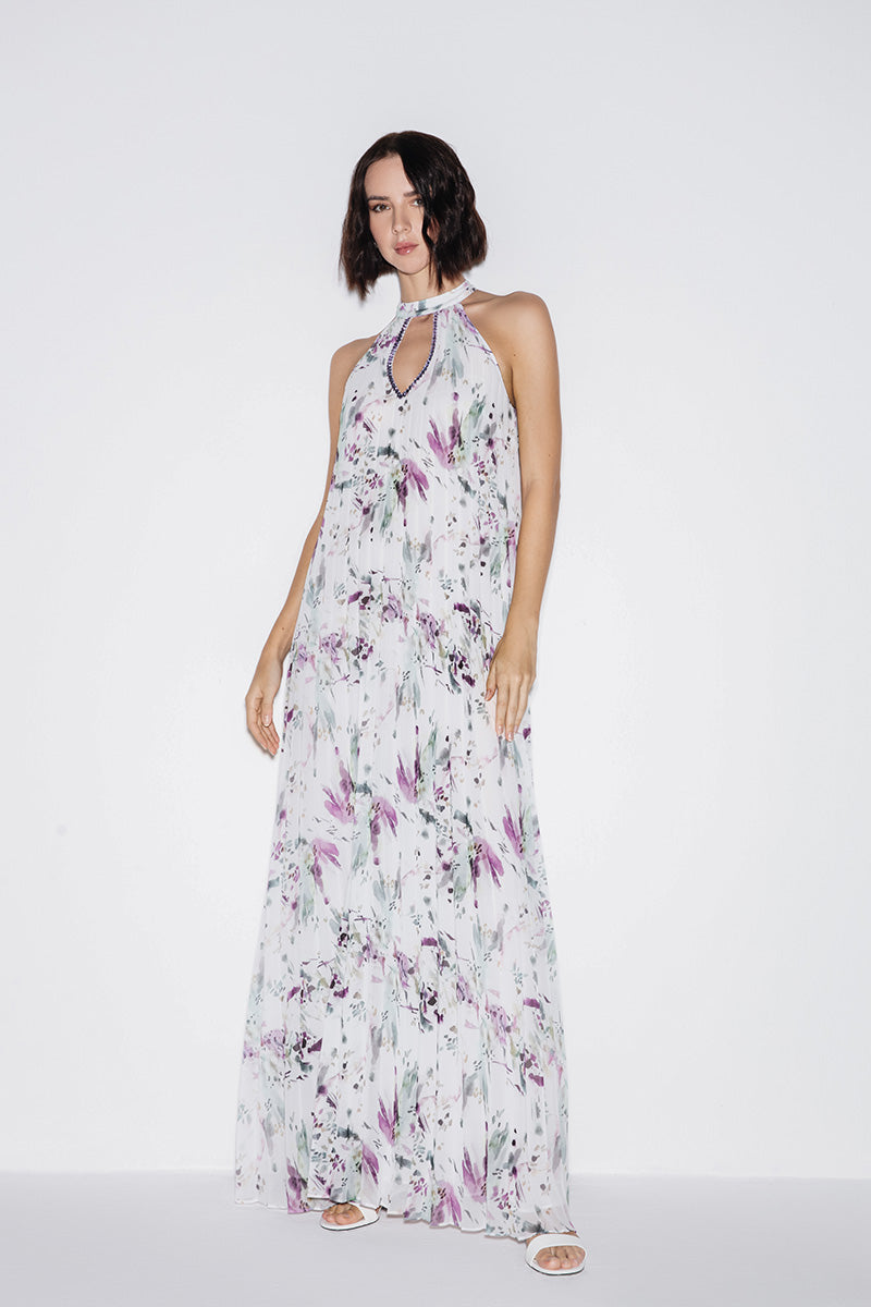 HALTERNECK CUT-OUT MAXI DRESS IN MULTI