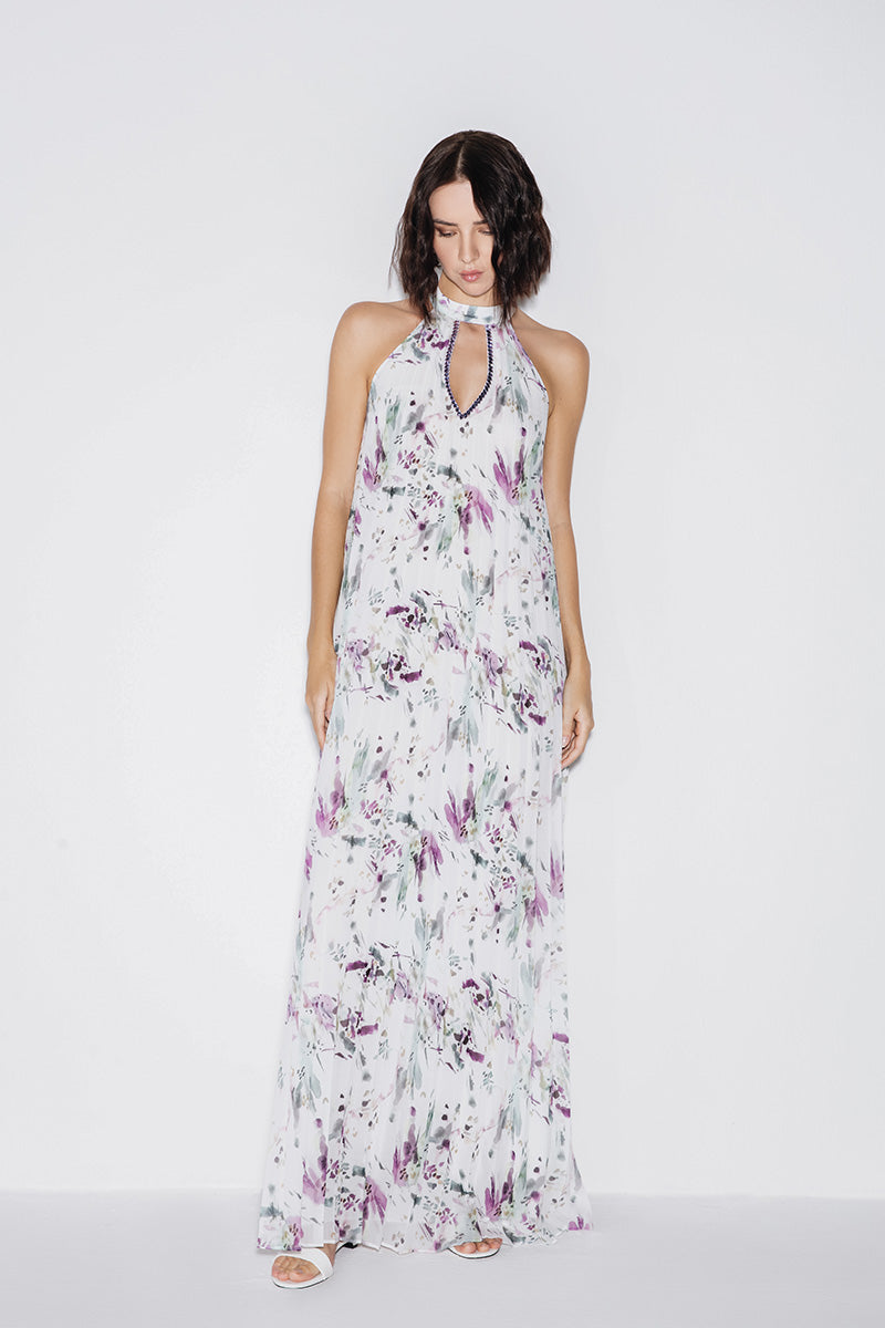 HALTERNECK CUT-OUT MAXI DRESS IN MULTI