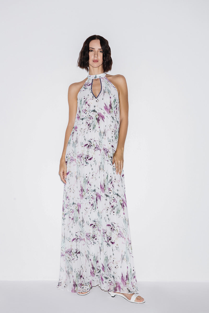 HALTERNECK CUT-OUT MAXI DRESS IN MULTI