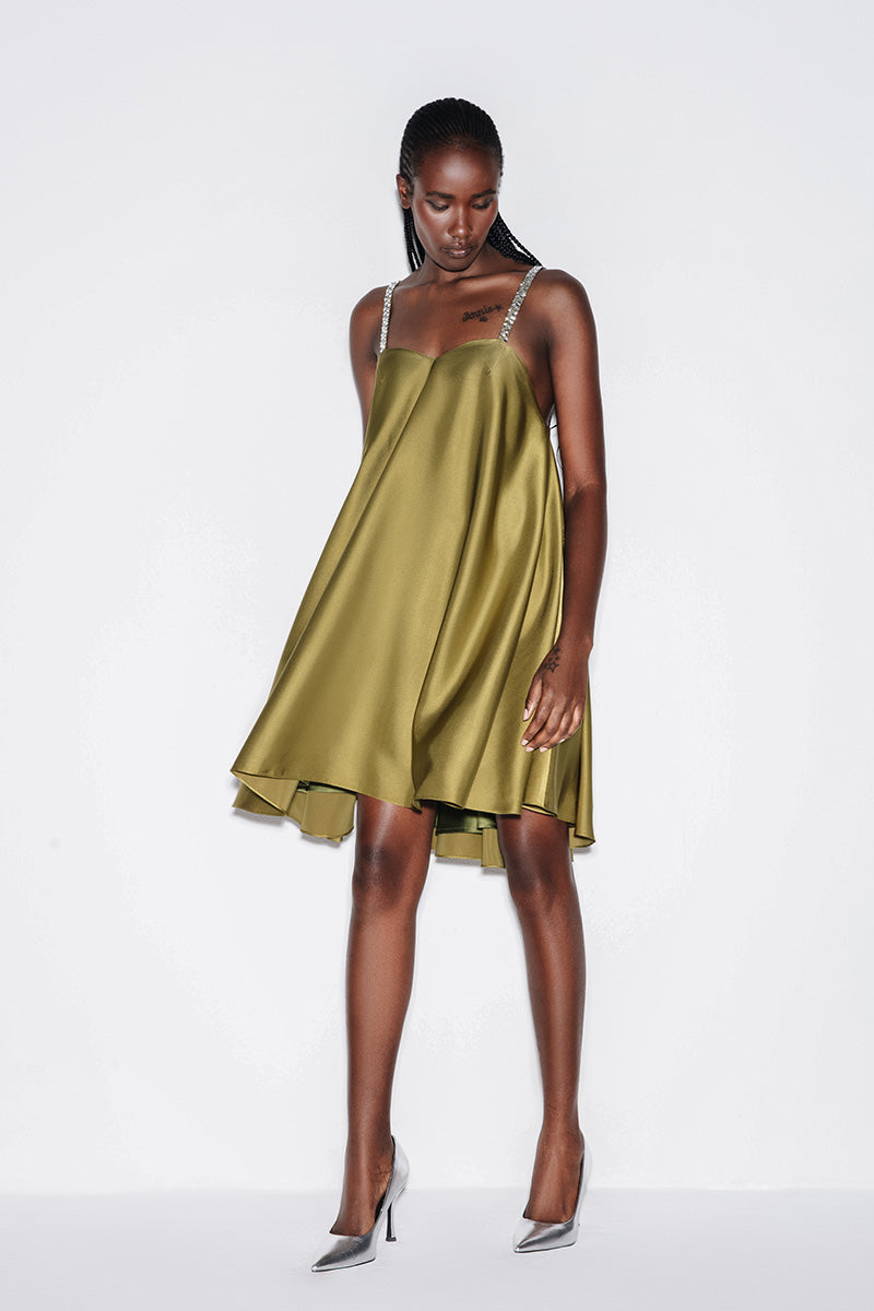 SATIN A-LINE MINI DRESS IN OLIVE GREEN