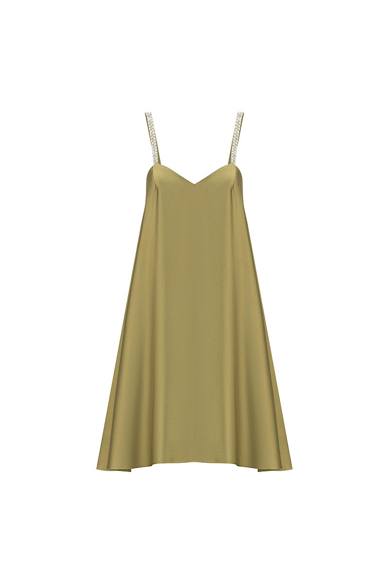 SATIN A-LINE MINI DRESS IN OLIVE GREEN