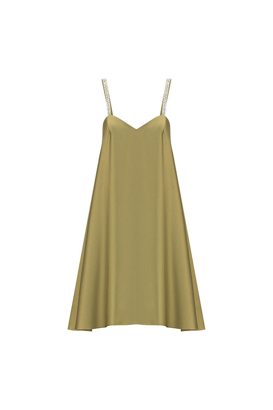 SATIN A-LINE MINI DRESS IN OLIVE GREEN