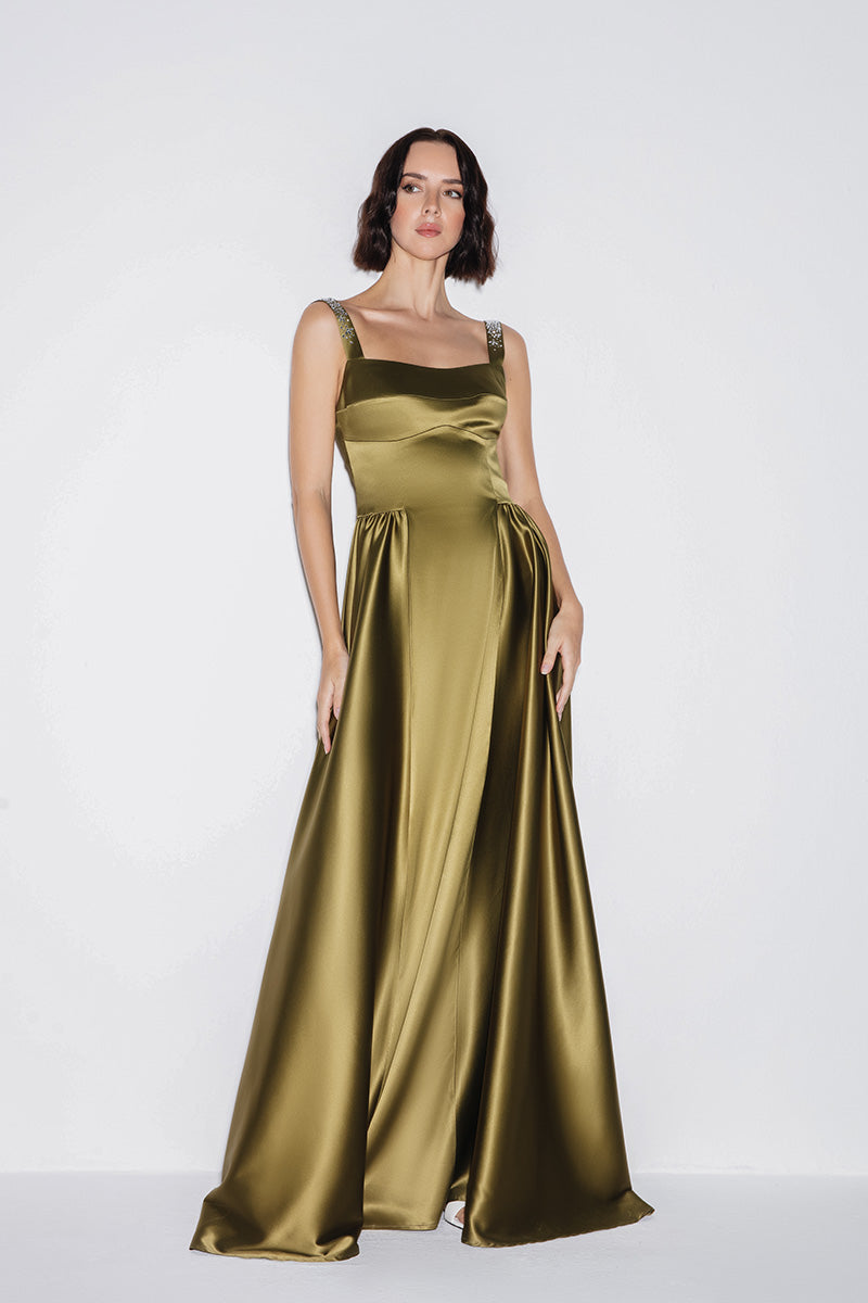 SATIN GOWN IN OLIVE GREEN