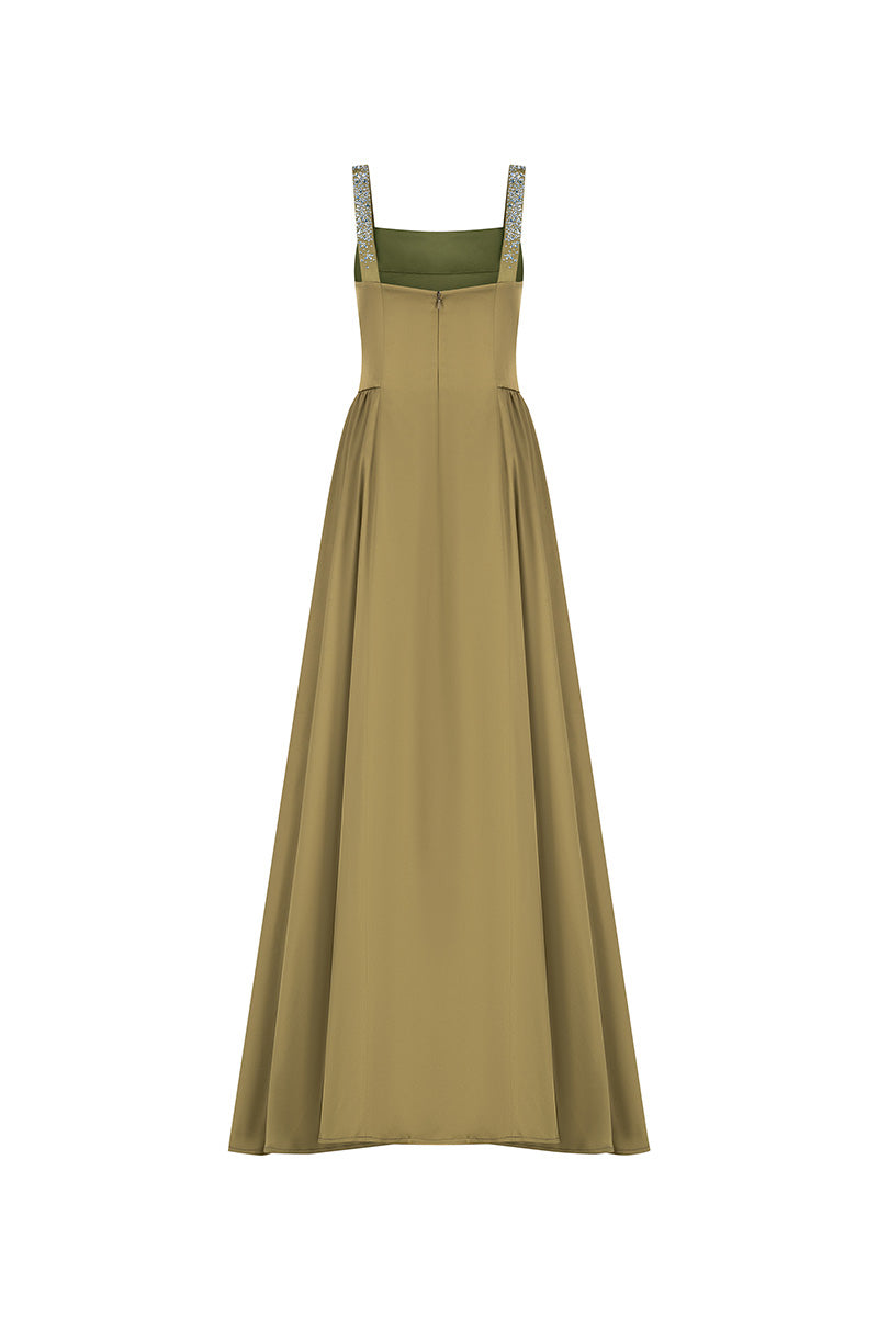 SATIN GOWN IN OLIVE GREEN