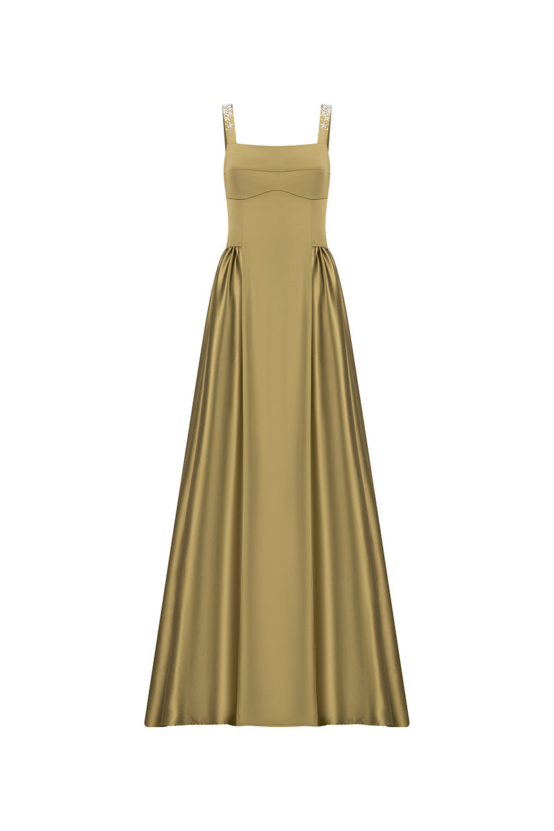 SATIN GOWN IN OLIVE GREEN