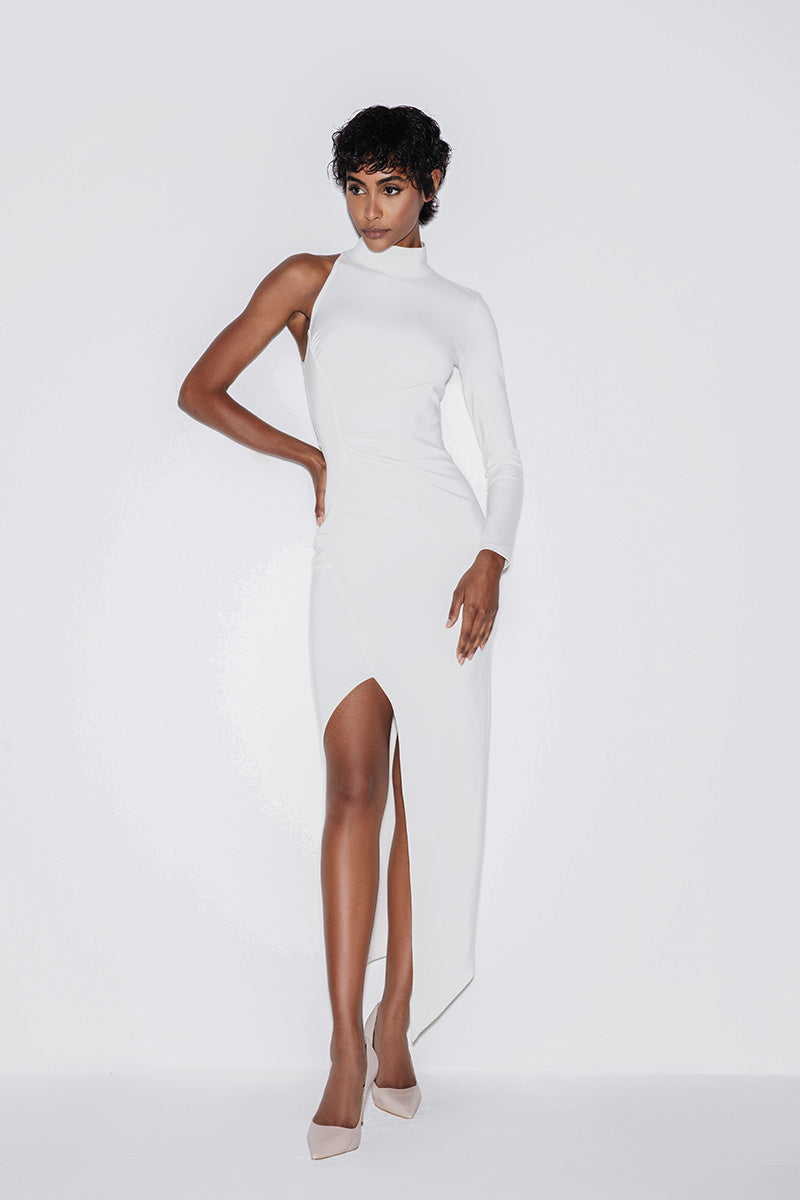 TURTLENECK ASYMMETRIC MIDI DRESS IN WHITE