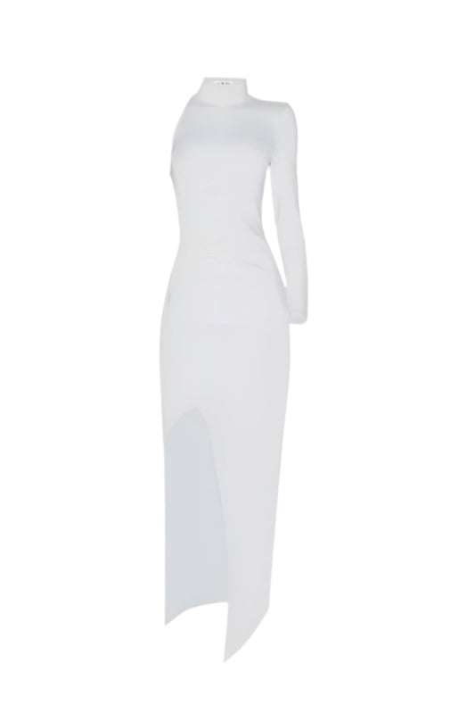 TURTLENECK ASYMMETRIC MIDI DRESS IN WHITE