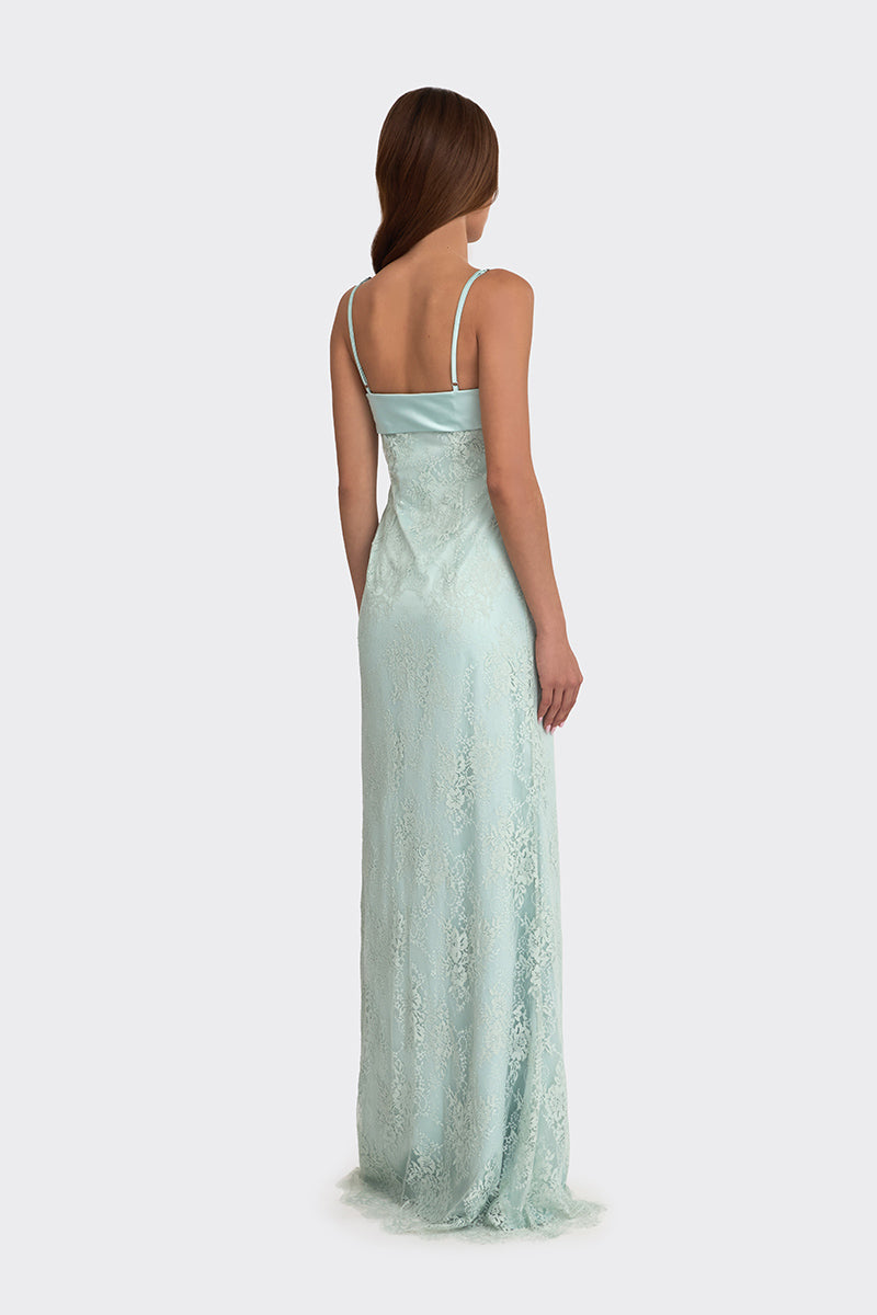 SWAN MAXI SLIP LACE DRESS IN DUSTY GREEN