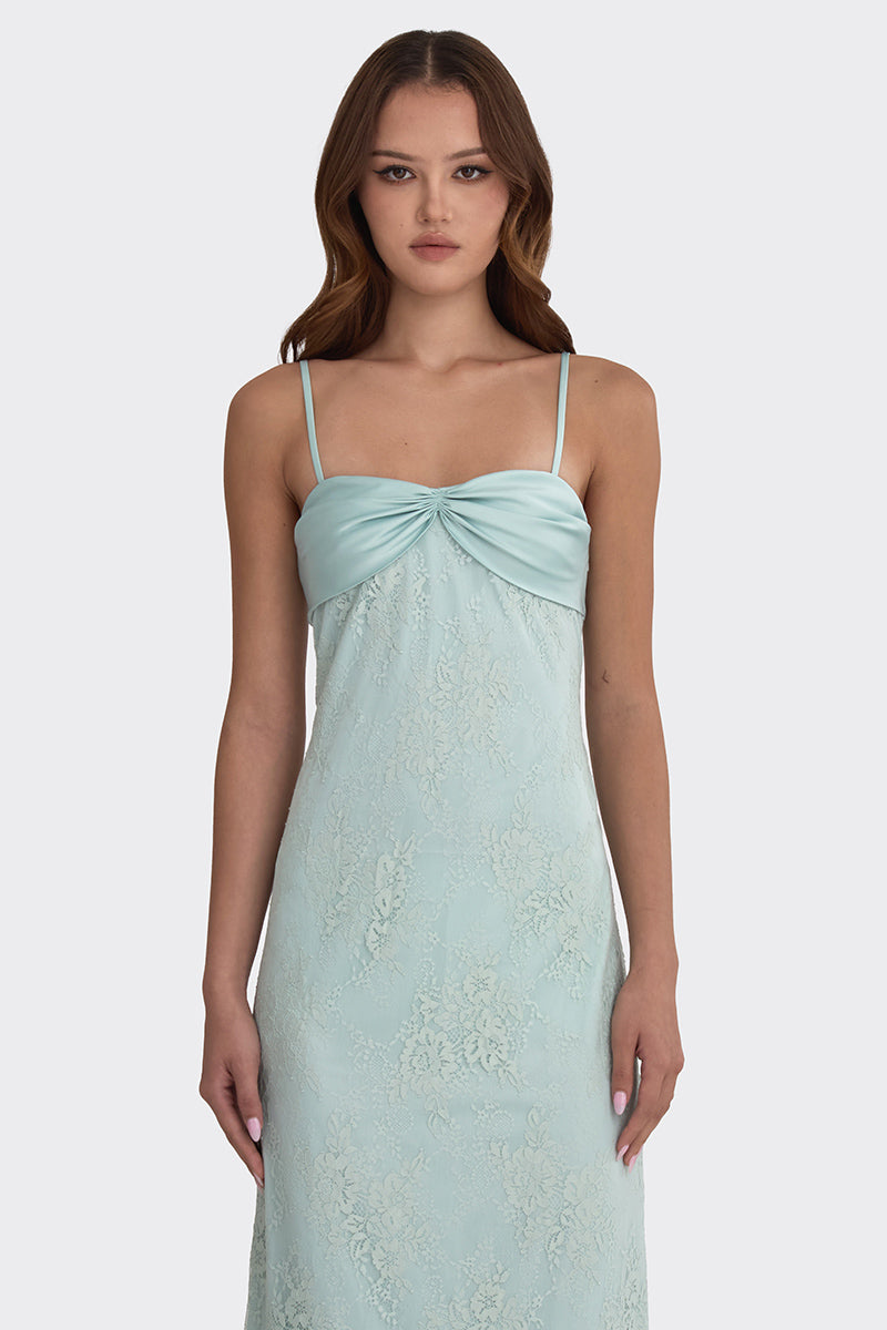 SWAN MAXI SLIP LACE DRESS IN DUSTY GREEN