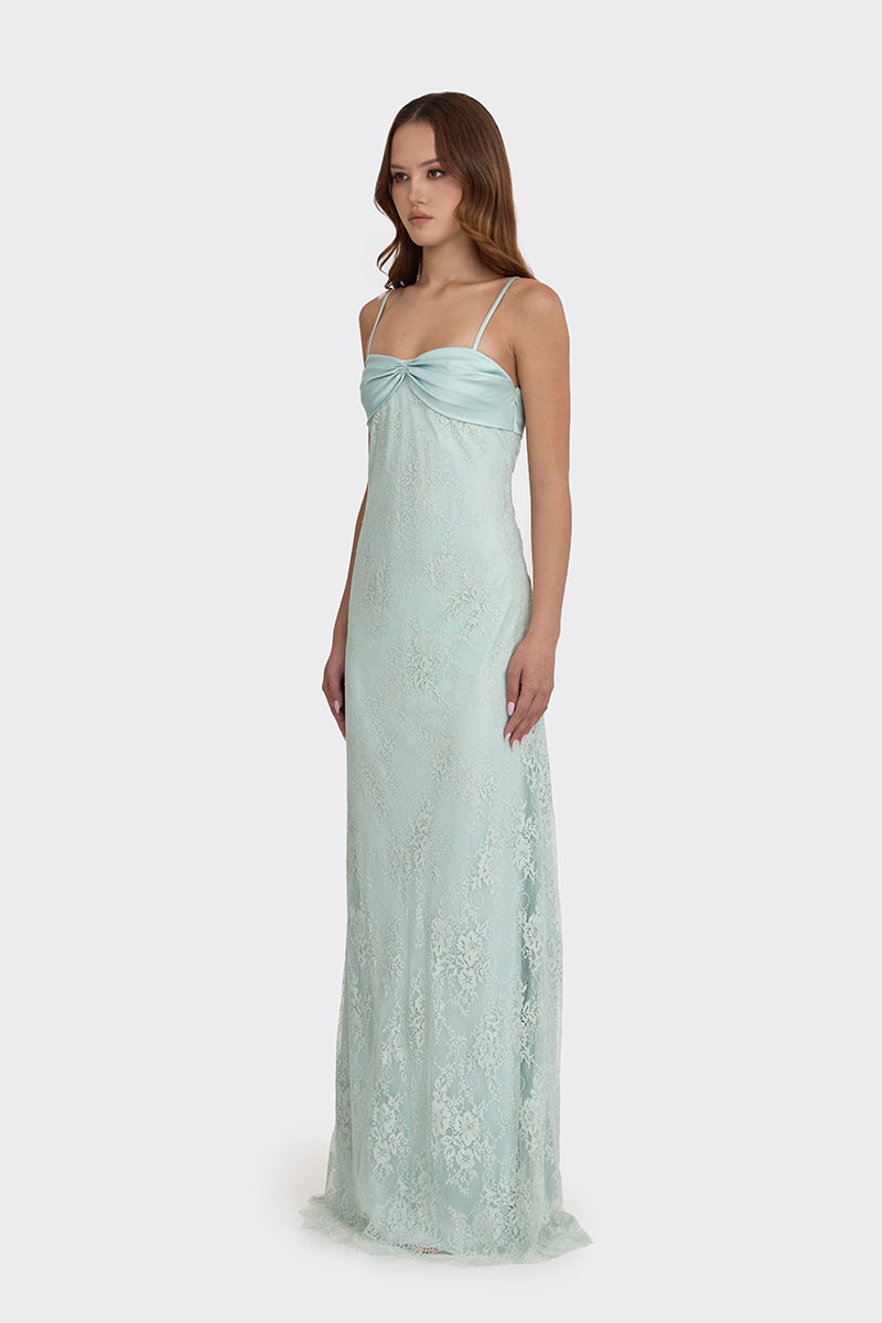 SWAN MAXI SLIP LACE DRESS IN DUSTY GREEN