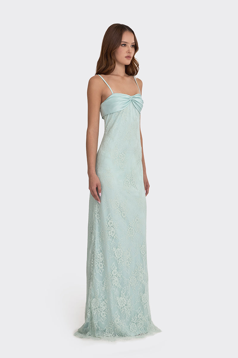 SWAN MAXI SLIP LACE DRESS IN DUSTY GREEN