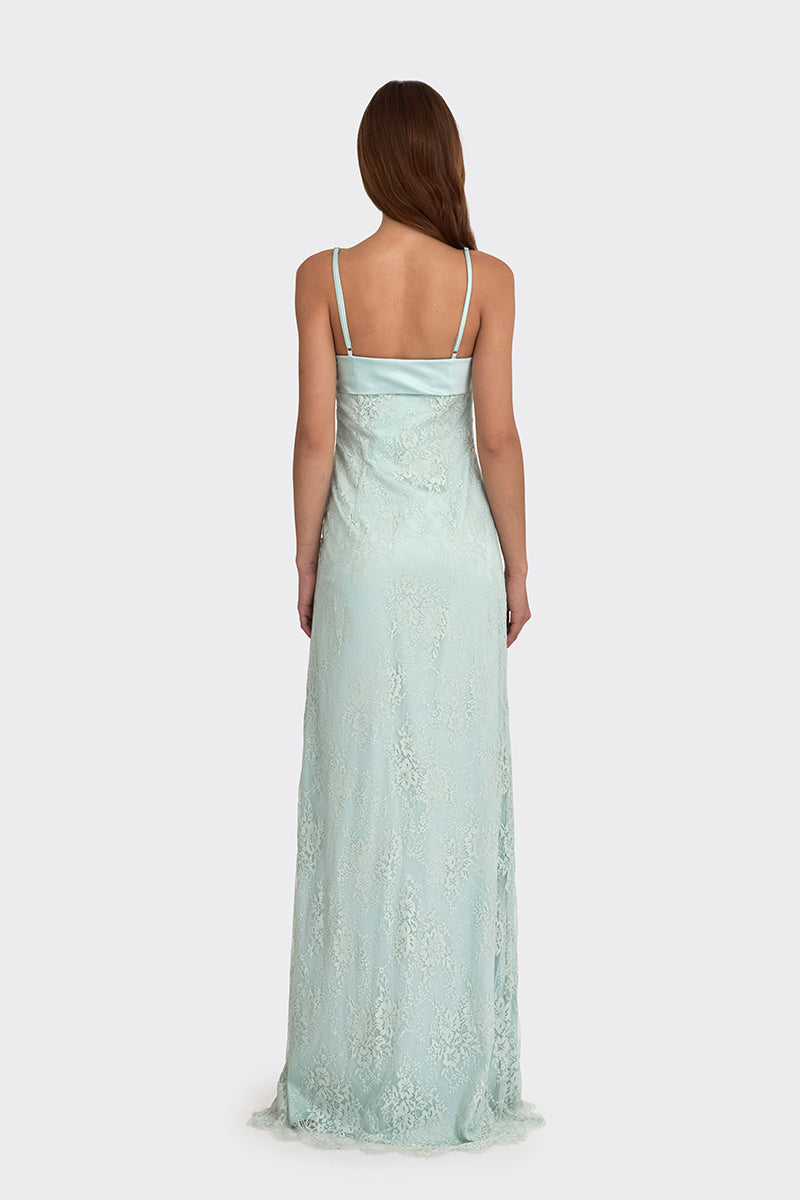 SWAN MAXI SLIP LACE DRESS IN DUSTY GREEN