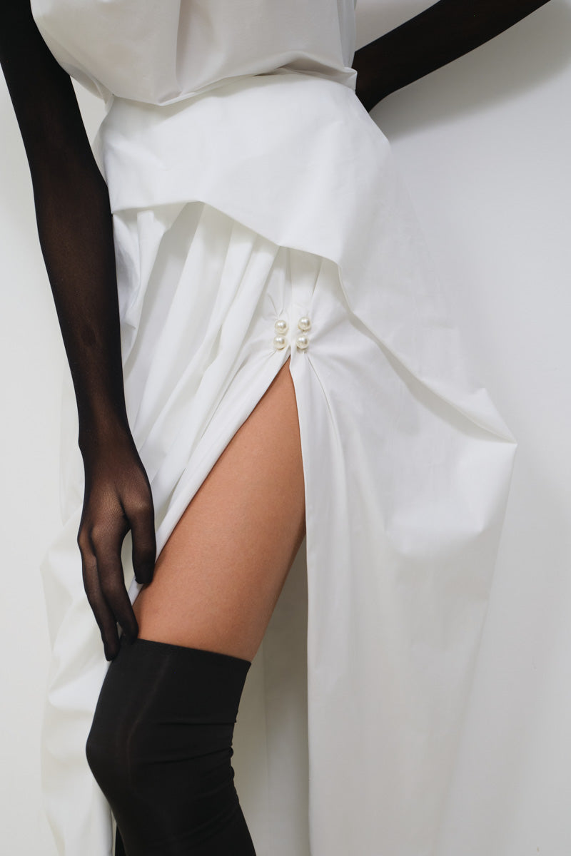 DRAPED MAXI DRESS WITH PEARL BUTTONS