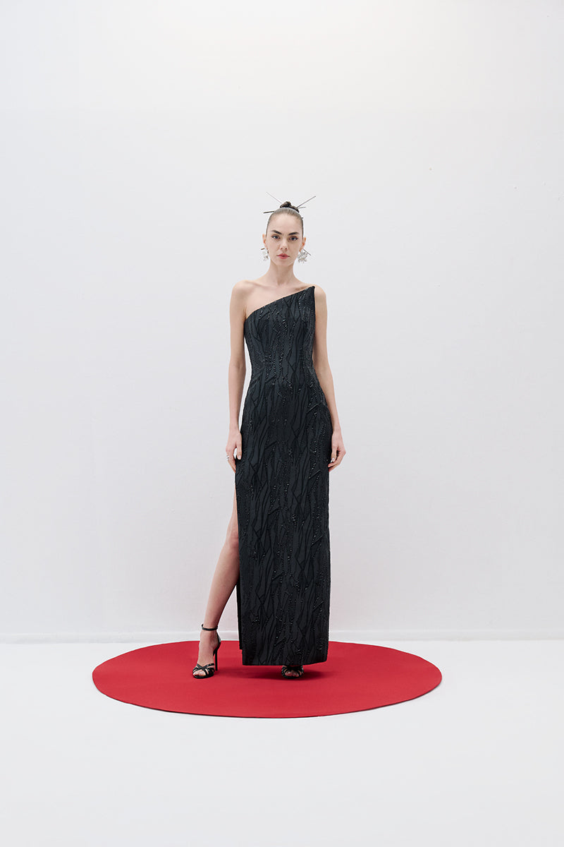 ASYMMETRIC BROCADE DRESS IN BLACK