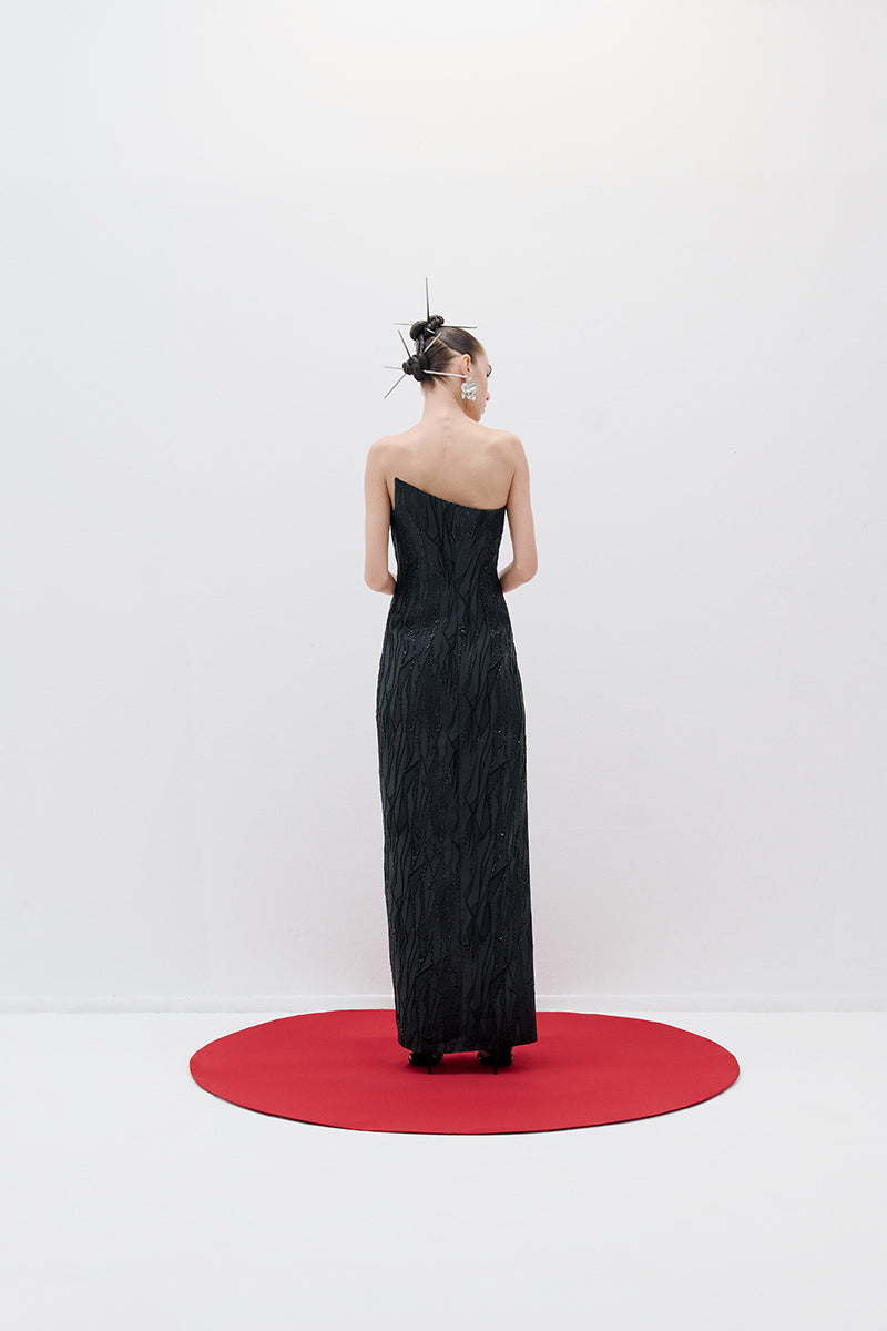 ASYMMETRIC BROCADE DRESS IN BLACK