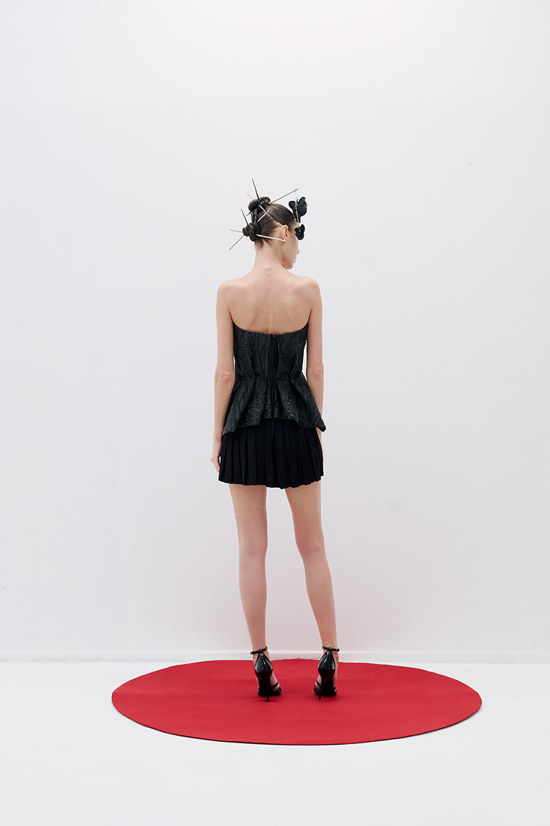 BROCADE MINI DRESS WITH DRAPE IN BLACK