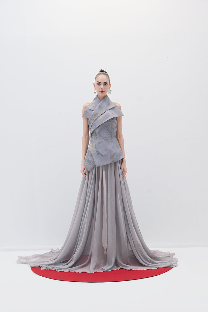 ASYMMETRIC CHIFFON DRESS IN GRAY