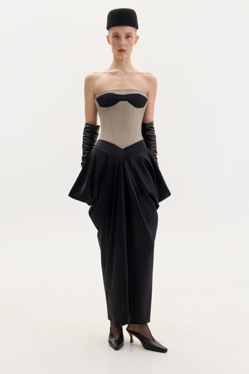 TAUPE CORSET DRESS WITH A SILK SKIRT