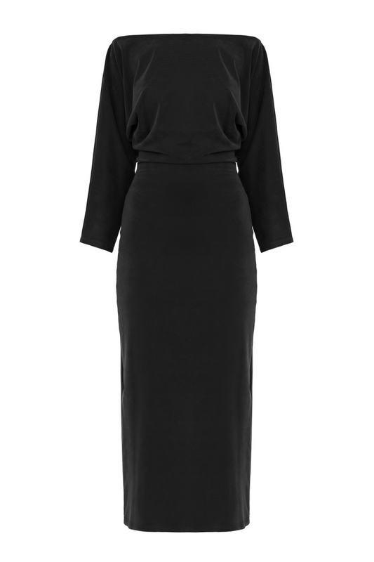 THEA BLACK OFF-SHOULDER JERSEY MIDI DRESS
