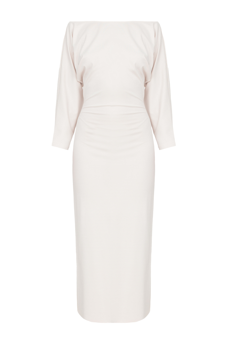 THEA WHITE OFF-SHOULDER JERSEY MIDI DRESS WITH LONG SLEEVES
