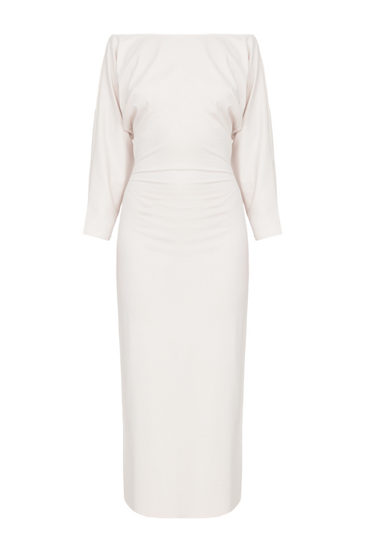 THEA WHITE OFF-SHOULDER JERSEY MIDI DRESS WITH LONG SLEEVES
