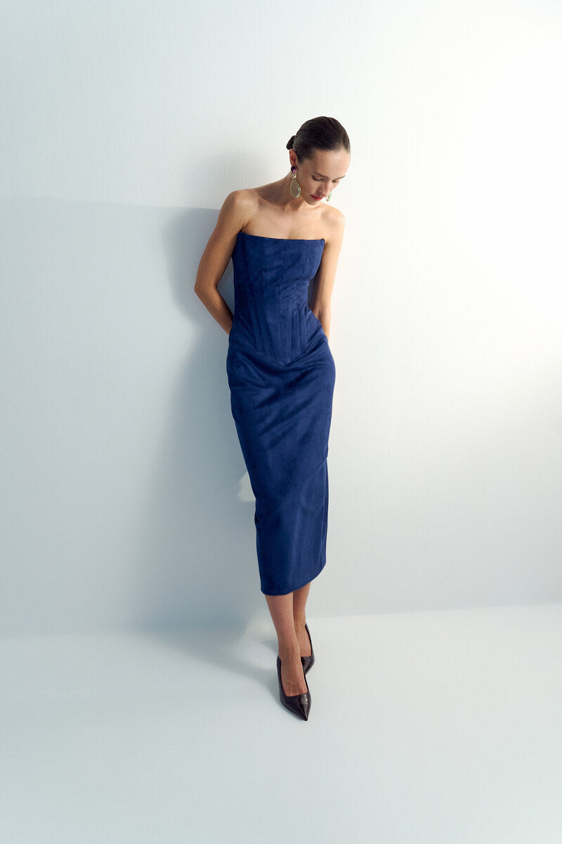 TWO SIDED TIBI MIDI DRESS IN NAVY-BLUE