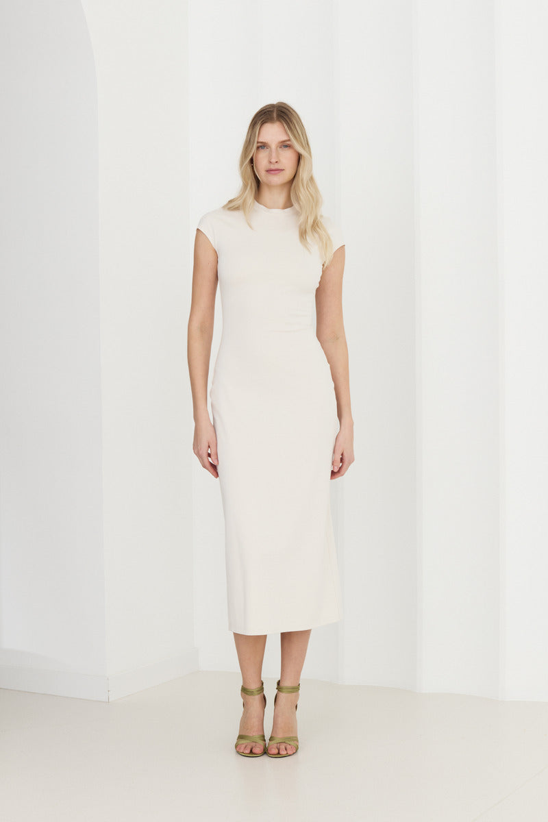 ASTER OFF-WHITE JERSEY MIDI DRESS WITH CAP SLEEVES