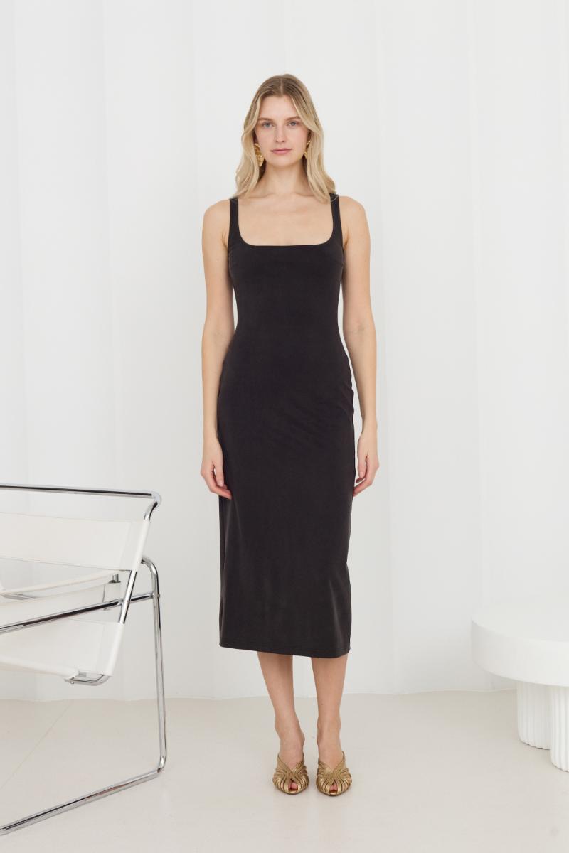 OLIVIA BLACK MIDI BODYCON DRESS WITH SQUARE NECKLINE