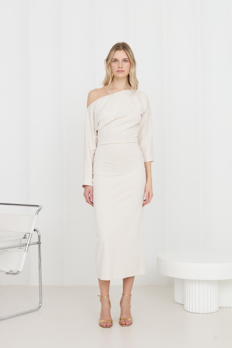 THEA WHITE OFF-SHOULDER JERSEY MIDI DRESS WITH LONG SLEEVES
