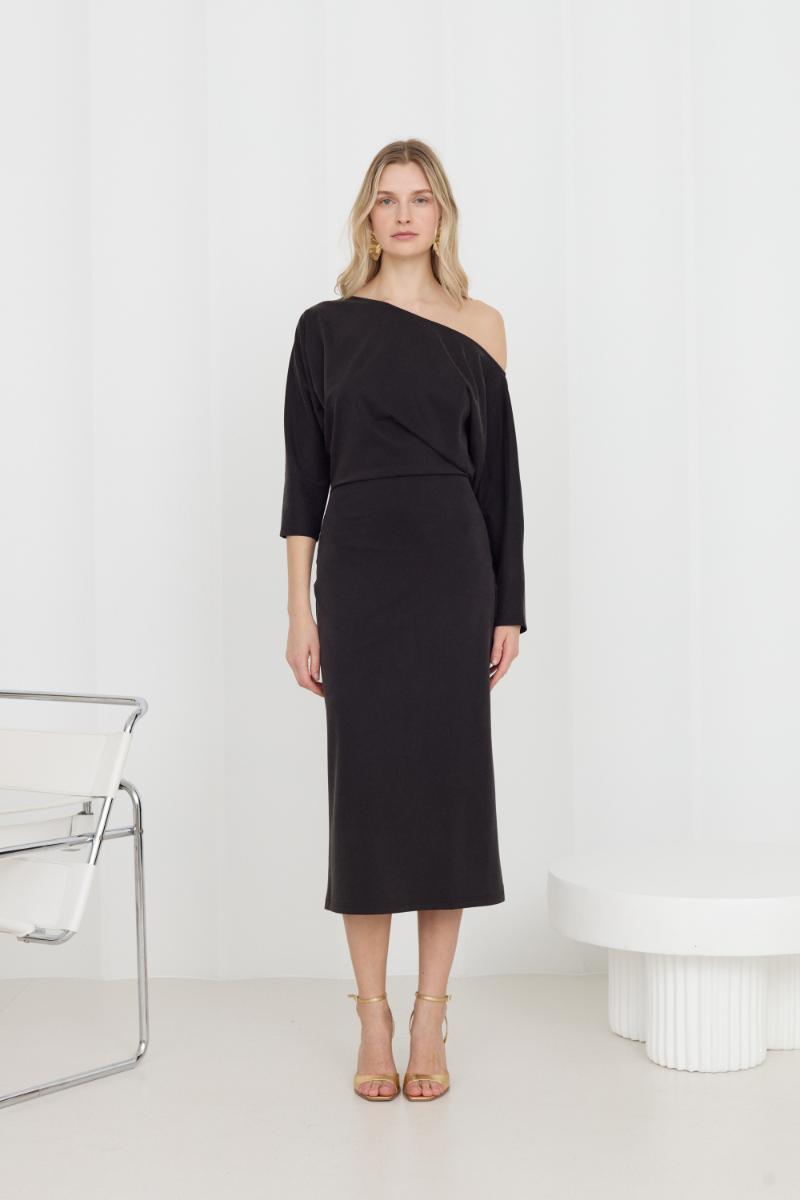 THEA BLACK OFF-SHOULDER JERSEY MIDI DRESS