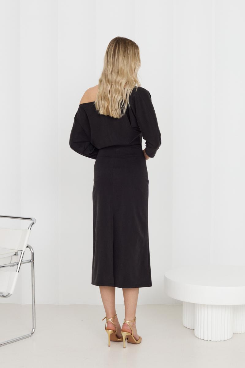 THEA BLACK OFF-SHOULDER JERSEY MIDI DRESS