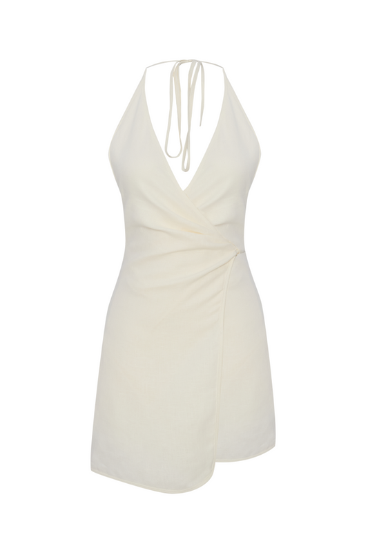 SADIE ECRU LINEN WRAP MINI DRESS