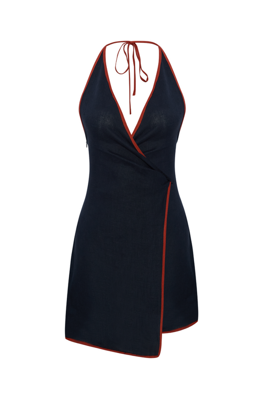 SADIE NAVY LINEN WRAP MINI DRESS